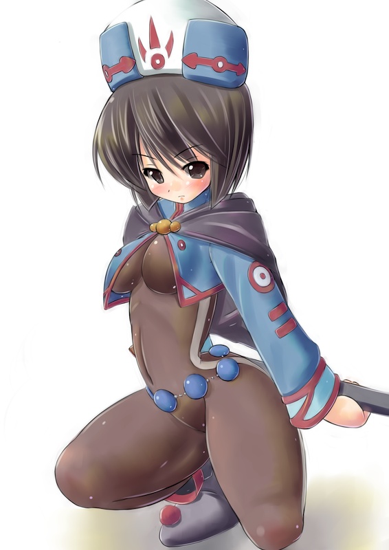 belt black_eyes black_hair blush bodysuit breasts cape chloe_valens cropped_jacket frown full_body hat kneeling kourourin medium_breasts scabbard serious sheath shoes short_hair simple_background solo tales_of_(series) tales_of_legendia very_short_hair white_background