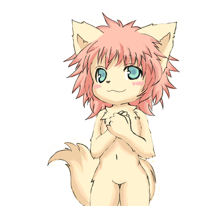 blue_eyes canine chest_tuft cub cute female fox pink_hair solo standing tail unknown_artist wolf yellow