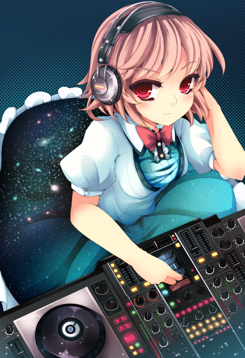 blush bow bowtie copyright_request dj dress galaxy headphones highres moccy phonograph pink_hair red_eyes smile solo space_print star_(sky) starry_sky_print turntable