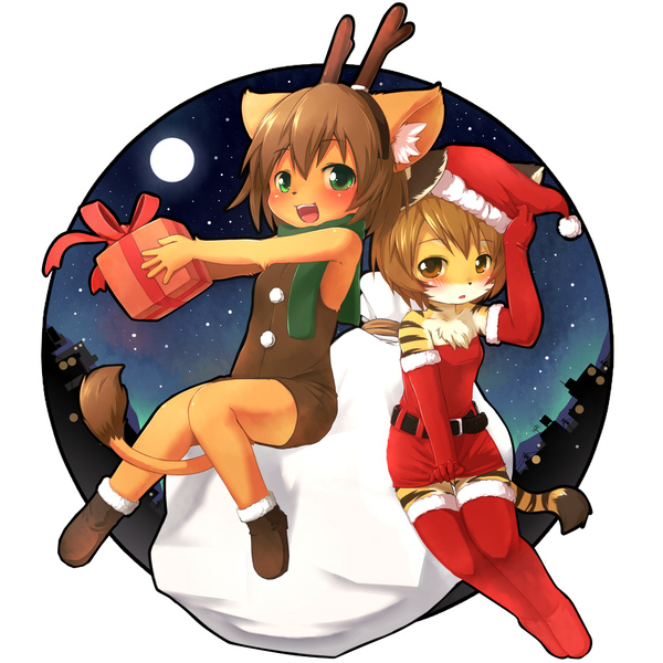 antlers belt blush buttons chest_tuft cityscape cub ear_tuft feline female furry gift gloves hair hat horns ka kagerofu lion looking_at_viewer moon santa_costume santa_hat scarf short_hair snow_boots stars tail thigh_highs thighhighs tiger