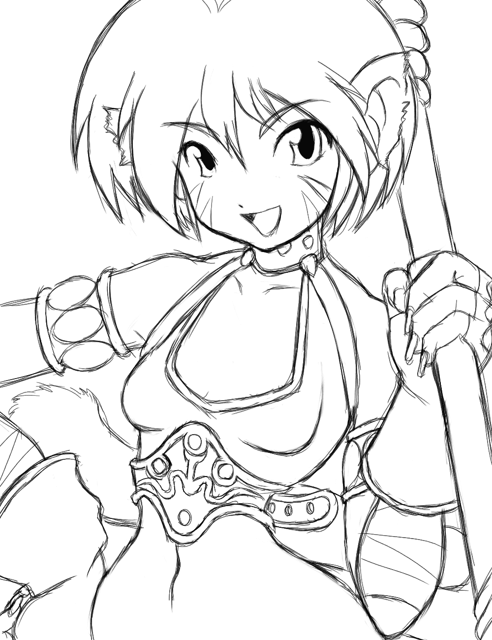 animal_ears artist_request breasts breath_of_fire breath_of_fire_ii bustier cat_ears cat_tail facial_mark furry gloves highres monochrome navel pointy_ears rinpoo_chuan short_hair solo tail third-party_source