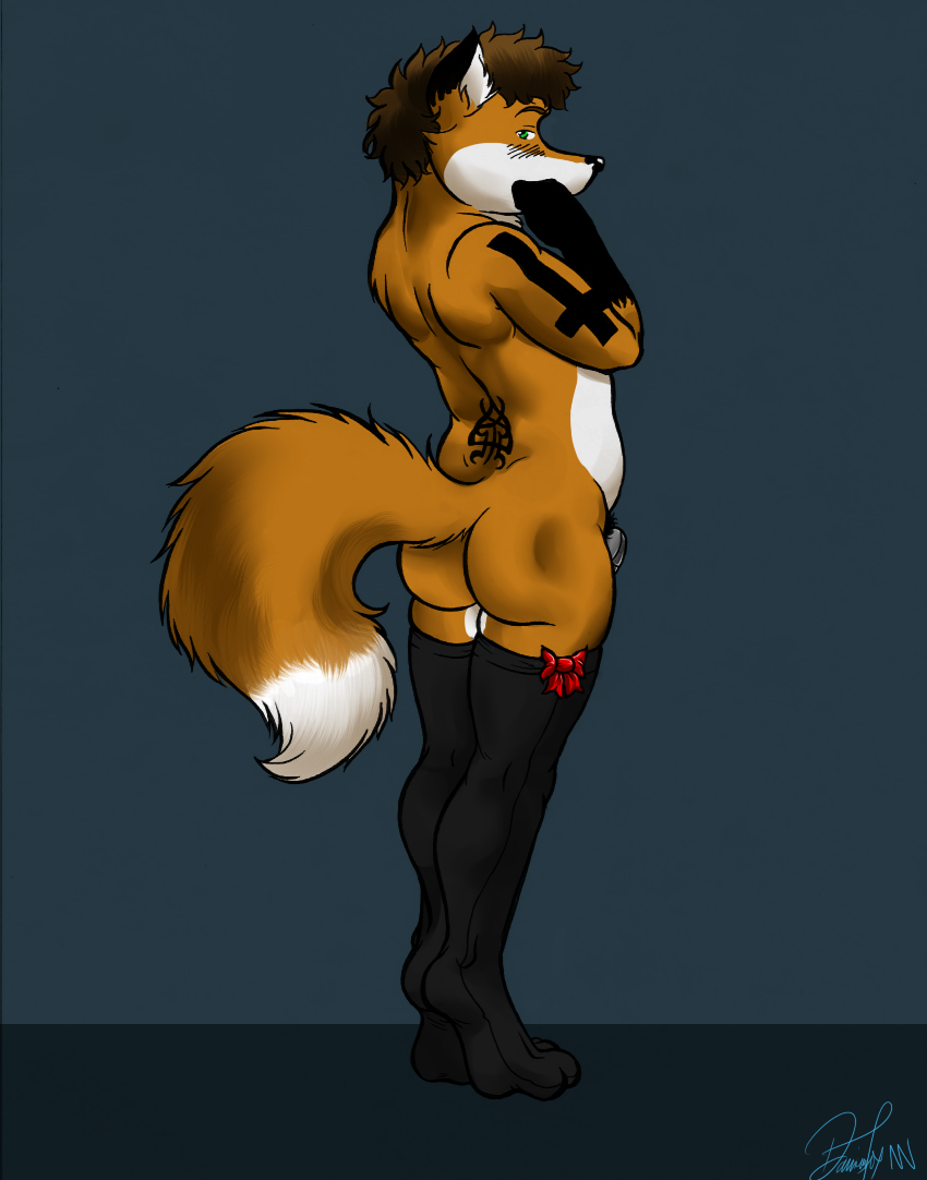 blush butt canine chastity chubby crossdressing damian fox male neoneon shy solo stockings