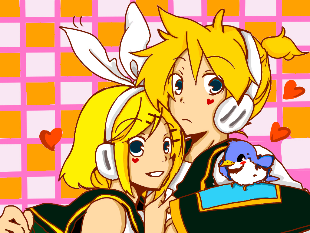 1girl aine_(haibane) bad_id bad_pixiv_id bird blush brother_and_sister grin heart kagamine_len kagamine_rin siblings smile twins vocaloid