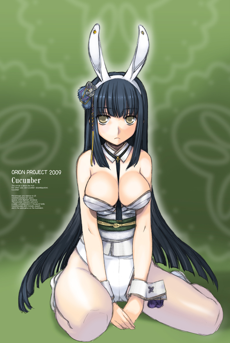 animal_ears bare_shoulders black_hair breasts bunny_ears bunnysuit japanese_clothes large_breasts long_hair obi original orion_(orionproject) pantyhose sash solo very_long_hair wrist_cuffs yellow_eyes