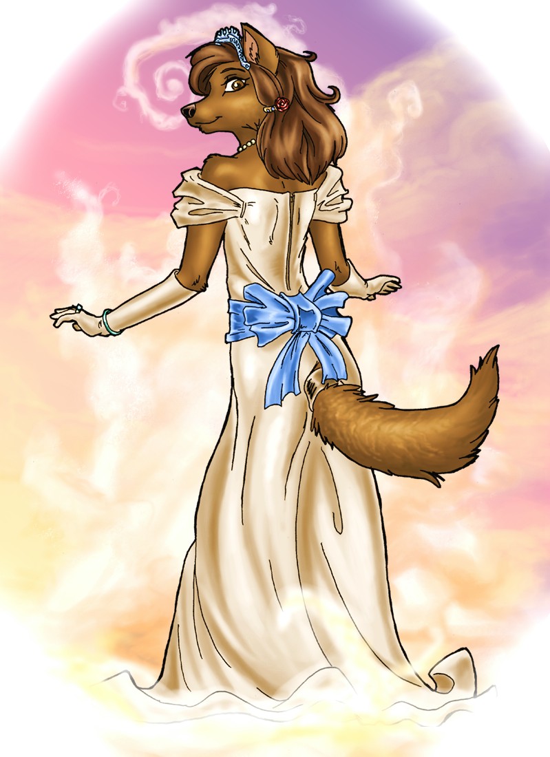 2004 anthony_sarkasuo anthro bowmanswolf brown_hair canine crown dress female florence_ambrose freefall hair looking_at_viewer looking_back mammal necklace pearl_necklace ribbons solo wolf