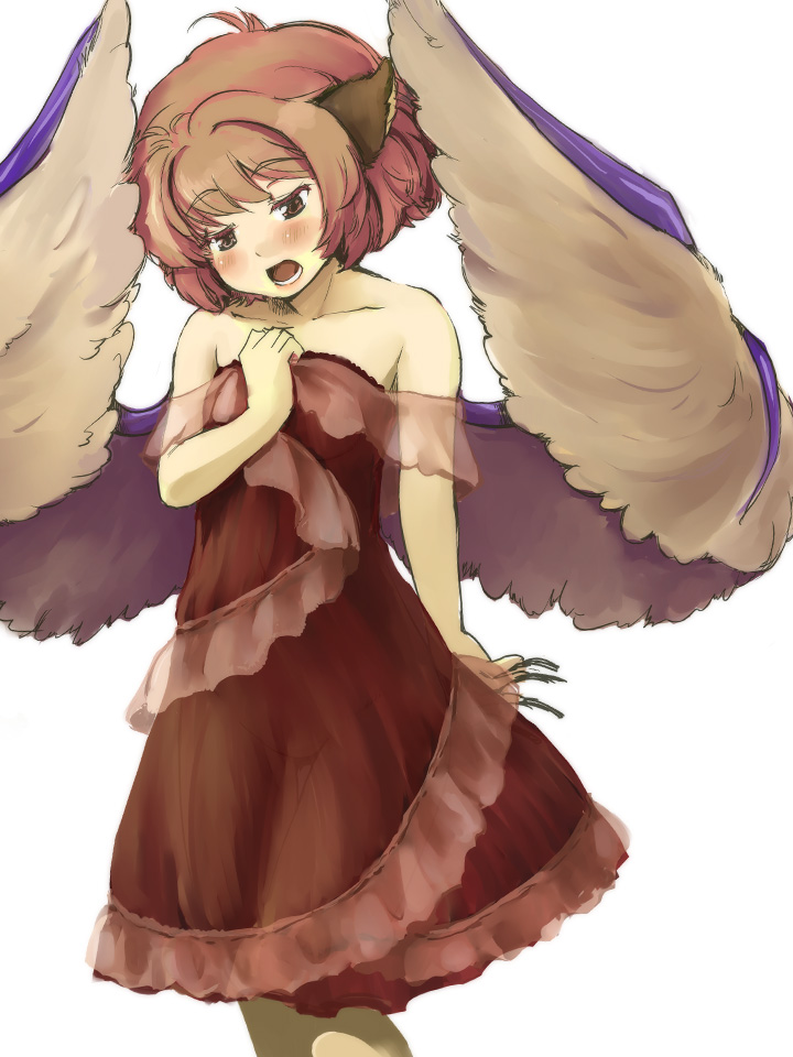 alternate_costume animal_ears bad_id bad_pixiv_id bare_shoulders collarbone dress fingernails hand_on_own_chest large_wings long_fingernails music mystia_lorelei nise_nanatsura no_hat no_headwear open_mouth pink_hair short_hair simple_background singing solo touhou wings