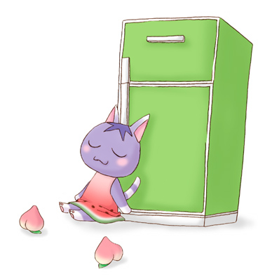 animal_crossing cat doubutsu_no_mori food fruit lowres nintendo peach peaches purple_hair refrigerator rosie