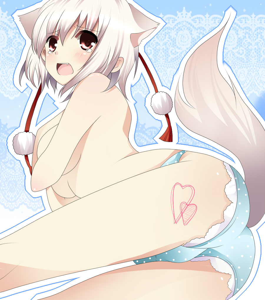 animal_ears ass bad_id bad_pixiv_id blush covering covering_breasts fang hat heart inubashiri_momiji open_mouth outline panties polka_dot polka_dot_panties short_hair solo tail takeno_koko tears tokin_hat topless touhou underwear underwear_only white_hair wolf_ears wolf_tail