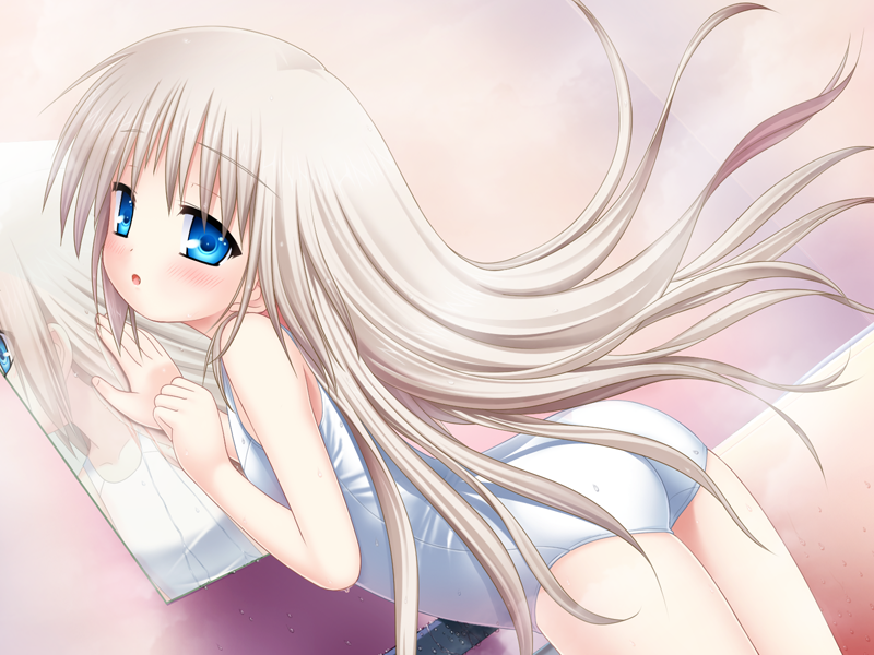 :o arched_back ass bathroom blue_eyes blush flat_chest game_cg indoors kud_wafter leaning_forward little_busters! long_hair mirror na-ga noumi_kudryavka one-piece_swimsuit open_mouth reflection school_swimsuit solo steam swimsuit very_long_hair wet white_hair white_school_swimsuit white_swimsuit