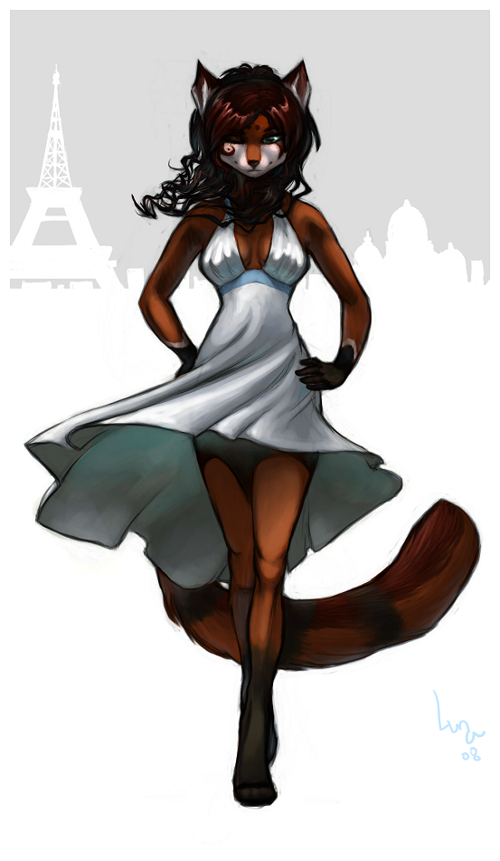 canine cityscape cleavage curl dress eiffel_tower female fox luna-v one_eye_closed paris skirt_blow solo wide_hips wink