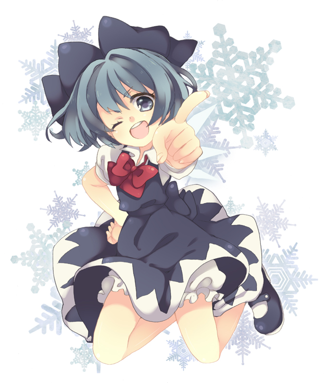 ;d bad_id bad_pixiv_id bloomers blue_eyes blue_hair bow bowtie cirno foreshortening hair_ribbon hand_on_hip looking_at_viewer maki_(natoriumu) mary_janes one_eye_closed open_mouth pointing ribbon shoes short_hair smile snowflakes solo touhou underwear