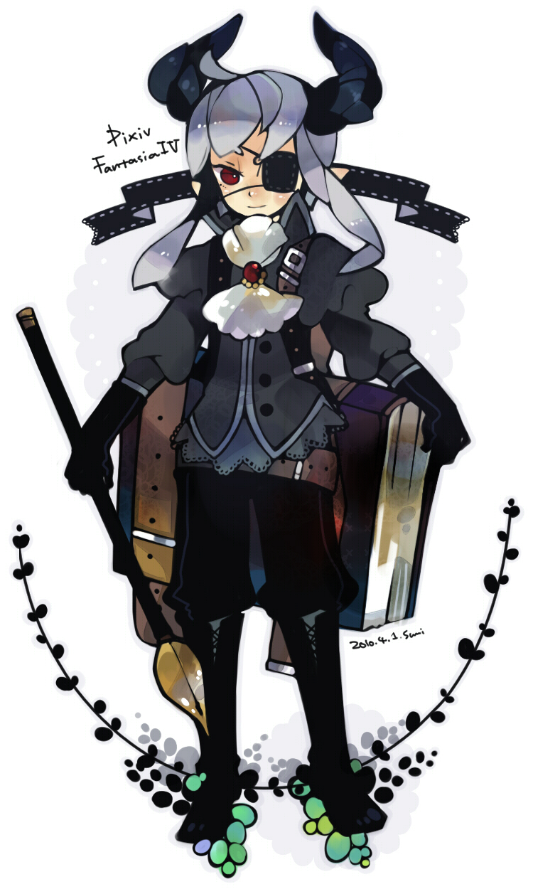 ascot bad_id bad_pixiv_id belt book boots eyepatch gloves grey_hair highres horns male_focus nib_pen_(object) oversized_object pixiv_fantasia pixiv_fantasia_4 pointy_ears red_eyes solo sumisu_(rinsumi)