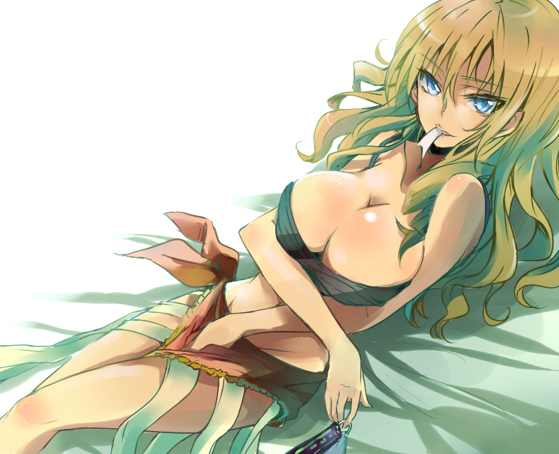 bad_id bad_pixiv_id bandeau bare_shoulders blonde_hair blue_eyes breast_hold breasts cleavage large_breasts long_hair maromi_(am97) mouth_hold oriana_thomason skirt solo to_aru_majutsu_no_index