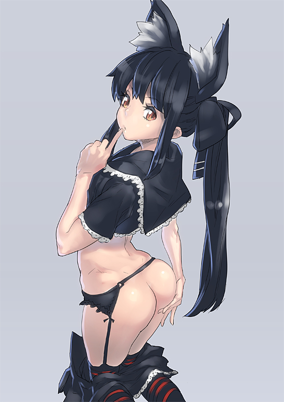 animal_ears aro_(charged_time_out) ass bad_id bad_pixiv_id black_hair finger_to_mouth garter_belt hair_ribbon kneeling long_hair looking_back no_panties original photo-referenced ribbon simple_background skirt skirt_pull solo striped striped_legwear thighhighs twintails yellow_eyes