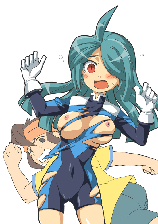 ahoge blue_hair blush breasts brown_eyes brown_hair cameltoe endou_mamoru erect_nipples genderswap gloves hair_over_one_eye inazuma_eleven inazuma_eleven_(series) kazemaru_ichirouta large_breasts long_hair open_mouth pixiv_manga_sample red_eyes running simple_background smile surprised sweat torn_clothes uniform