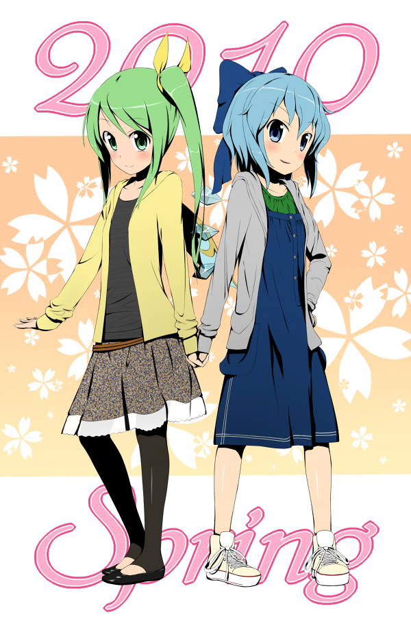 2girls blue_eyes blue_hair bow casual cirno contemporary daiyousei fairy_wings green_eyes green_hair hair_bow hair_ribbon hands_together ice ice_wings multiple_girls orange-pengin ribbon short_hair side_ponytail spring_(season) touhou wings