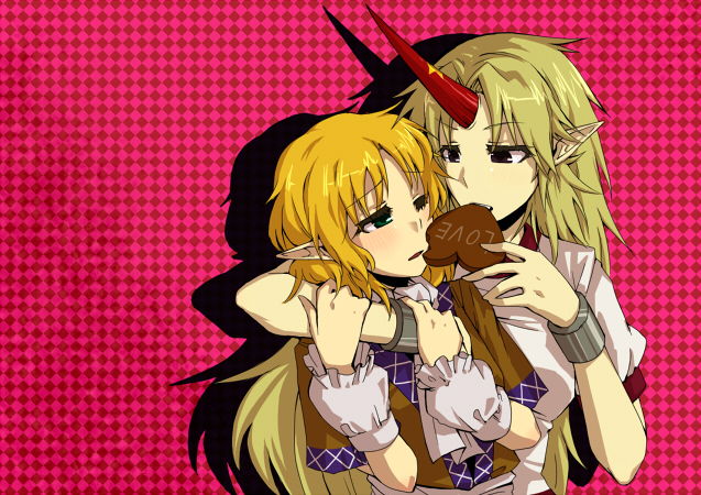 arm_around_neck blonde_hair brown_hair checkered checkered_background chocolate eating green_eyes heart horn hoshiguma_yuugi hug mizuhashi_parsee multiple_girls pointy_ears touhou valentine yomegane yuri