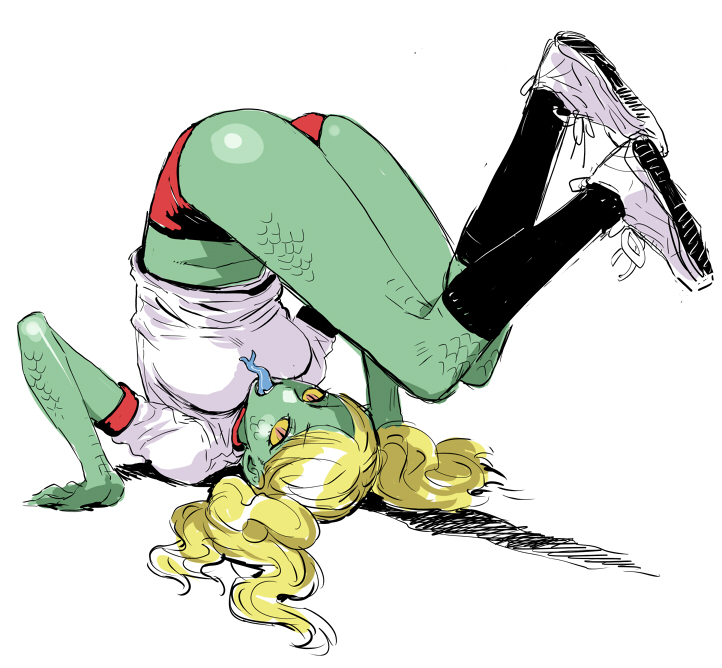 blonde_hair blue_tongue buruma forked_tongue green_skin gym_uniform headstand kneehighs mahito_(tranjistor) monster_girl original scales slit_pupils solo tongue tongue_out twintails upside-down yellow_eyes yellow_sclera