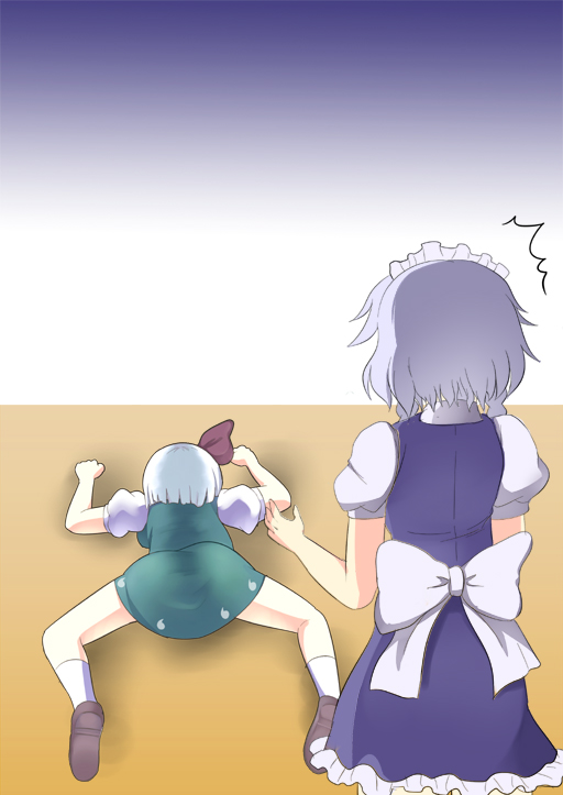 blue_hair braid comic dress fallen_down greave_(asterism) green_dress hair_ribbon izayoi_sakuya konpaku_youmu maid maid_headdress multiple_girls ribbon silver_hair touhou twin_braids