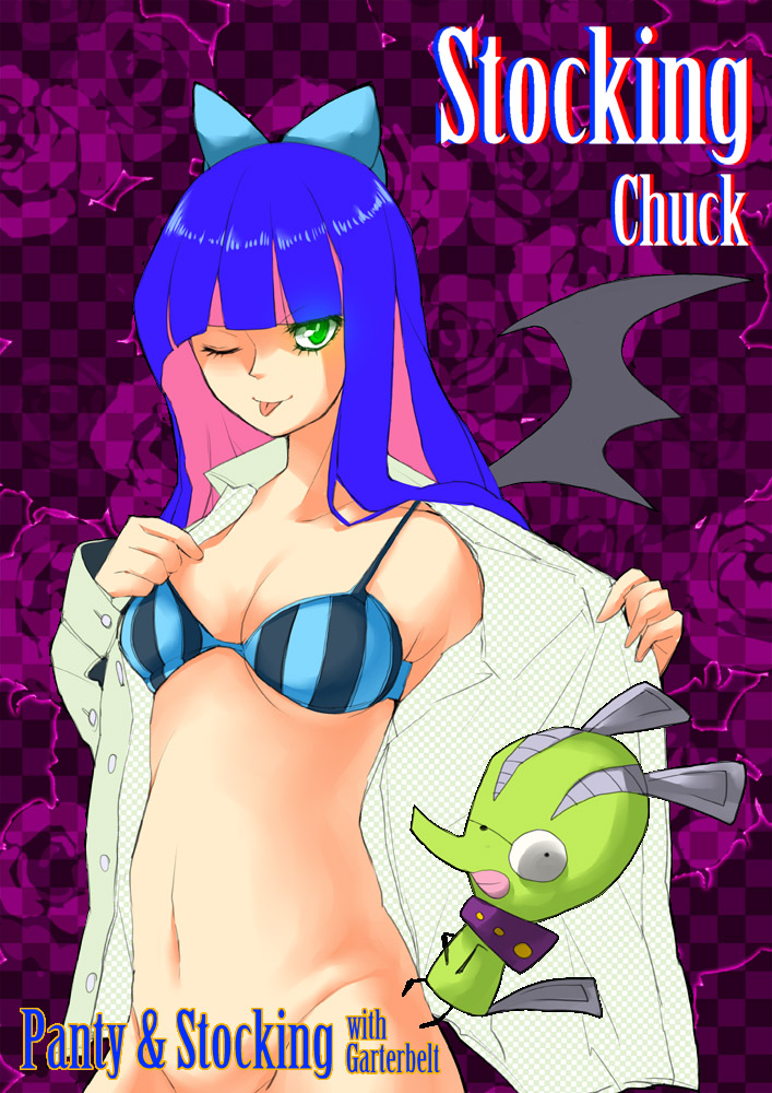 ;p bra chuck chuck_(psg) lingerie one_eye_closed panty_&amp;_stocking_with_garterbelt stocking_(character) stocking_(psg) tongue tongue_out underwear wink