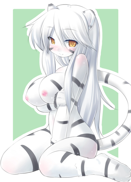 animal_ears blush breasts brown_eyes female hair kourourin nude solo tail tiger_ears white_hair