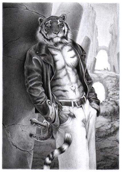 abs arches bare_chest belt cat feline leather_coat male muscles pillar ruins shawn_ye solo sword tail tattoo tiger toned weapon