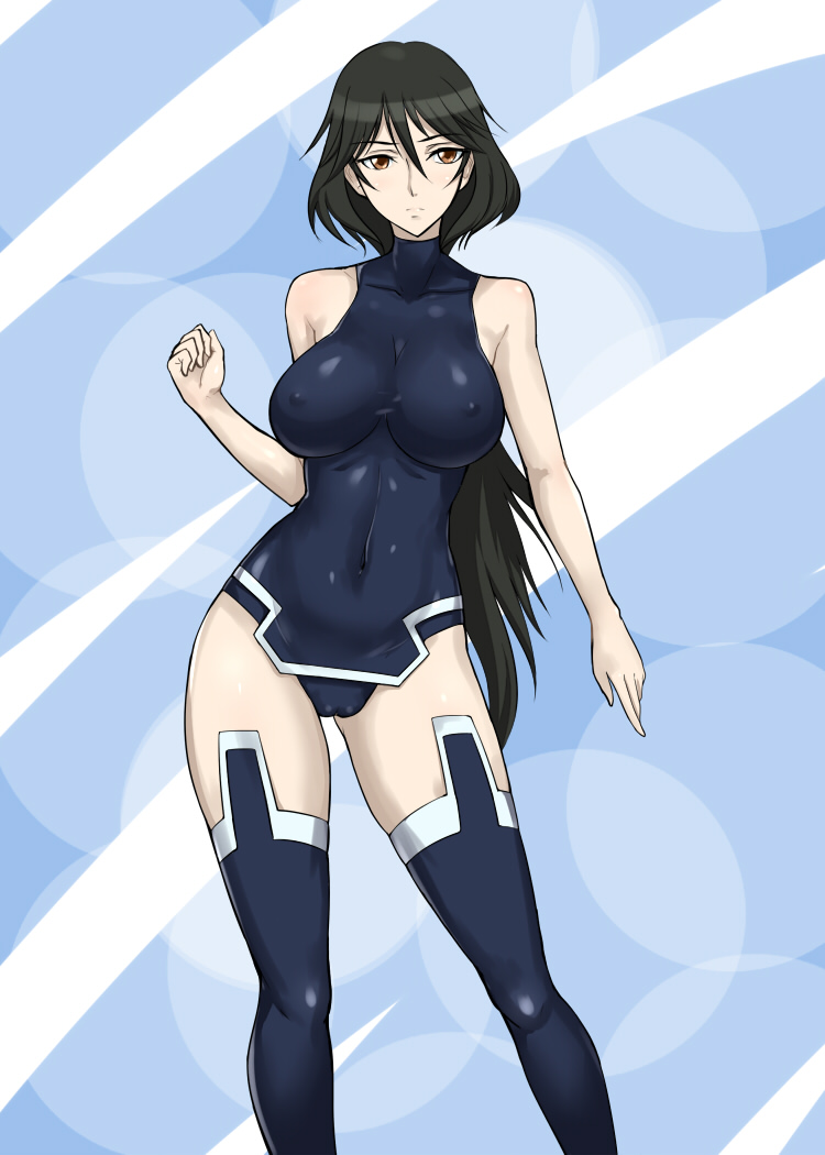 bangs bare_shoulders black_beat black_hair blue_background breasts cameltoe clenched_hand contrapposto covered_navel covered_nipples expressionless hair_between_eyes halterneck hips infinite_stratos large_breasts leotard long_hair looking_at_viewer low_ponytail navel orange_eyes orimura_chifuyu pilot_suit ponytail skin_tight sleeveless solo standing thighhighs turtleneck very_long_hair