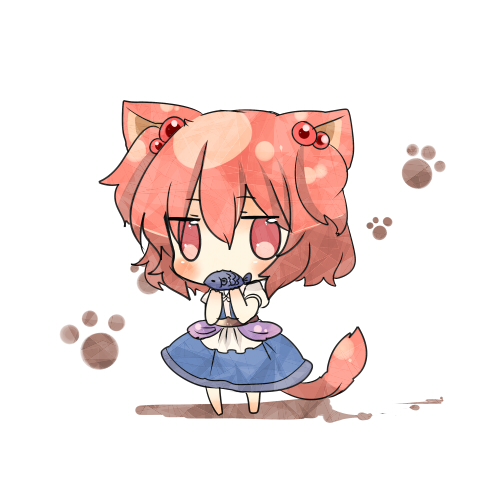 animal_ears cat_ears cat_tail chibi eating fish hair_bobbles hair_ornament jitome kemonomimi_mode lowres onozuka_komachi red_eyes red_hair solo tail touhou two_side_up yuya_(night_lily)