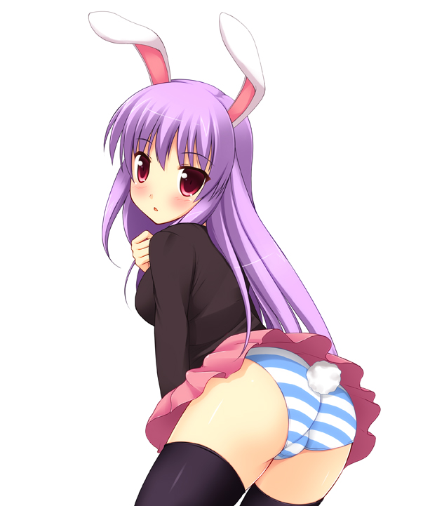 animal_ears ash_(pixiv) ass black_legwear blush bunny_ears bunny_tail hand_on_own_chest long_hair panties purple_eyes purple_hair reisen_udongein_inaba solo striped striped_panties tail thighhighs touhou trefoil underwear upskirt