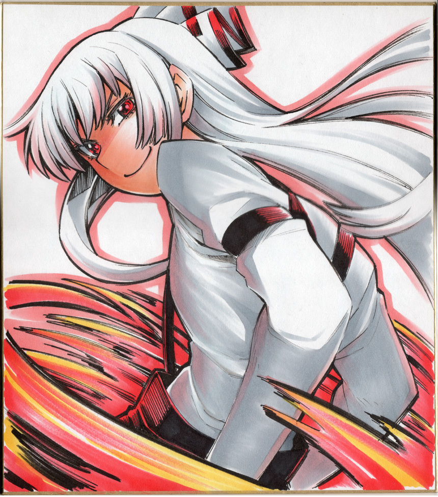 bad_id bad_pixiv_id bow face fire fujiwara_no_mokou hair_bow hands_in_pockets long_hair long_sleeves looking_back red_eyes shikishi smile smirk solo suspenders touhou traditional_media uousa-ou white_hair