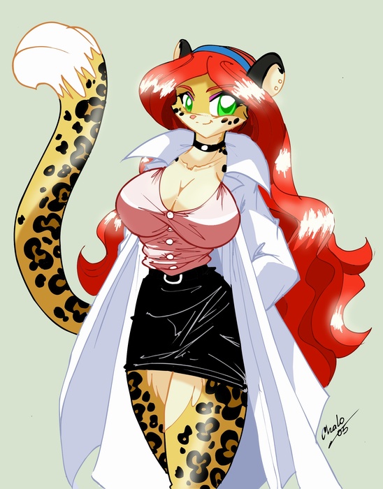 big_breasts breasts chalo feline female labcoat leopard piercing red_hair solo