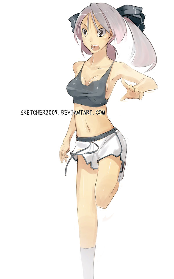bow breasts cleavage crop_top faustsketcher gym_shorts hair_bow hiiragi_kagami lucky_star medium_breasts midriff navel open_mouth shirt shorts sideboob silver_hair solo standing standing_on_one_leg tank_top taut_clothes taut_shirt watermark web_address