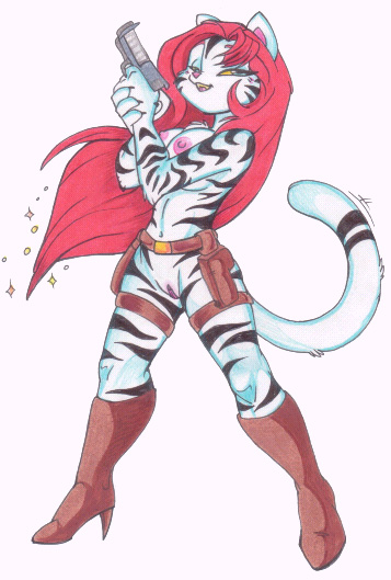 boots breasts feline female gun holster natasha_cat nude pistol pussy red_hair solo tiger weapon white_tiger