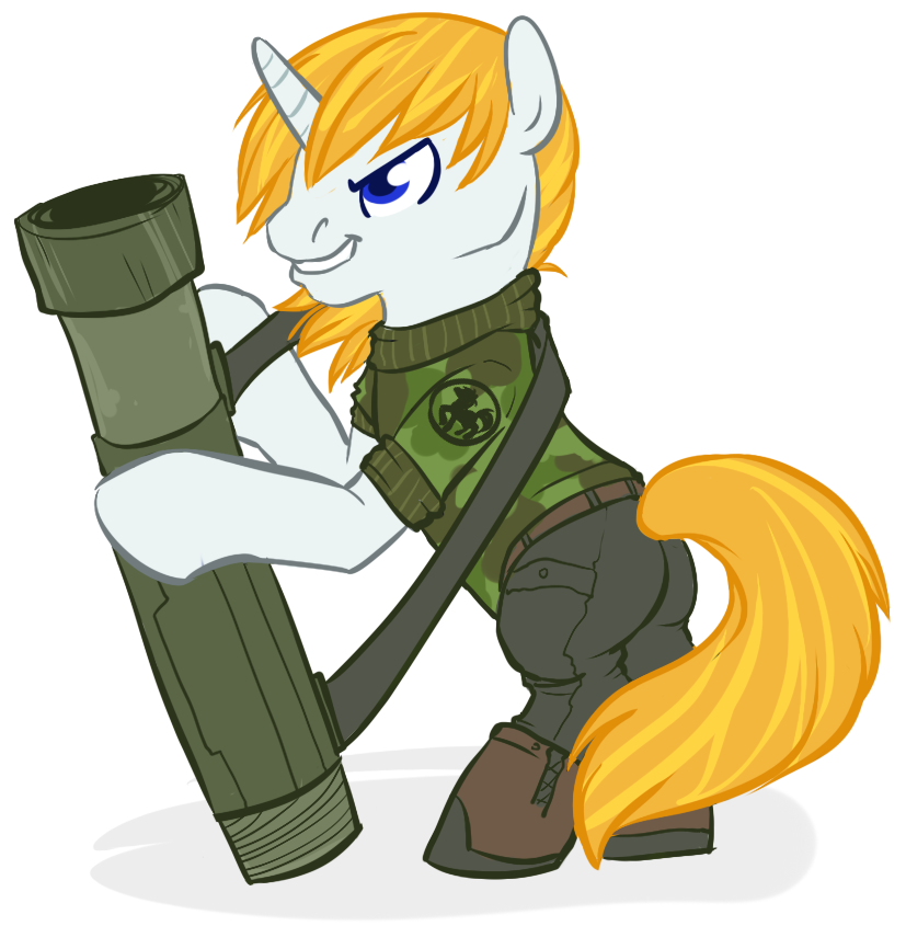 bazooka blue_eyes boots camo equine friendship_is_magic hair horn horns horse male mammal my_little_pony pony ranged_weapon rocket_launcher soldier solo unknown_artist weapon