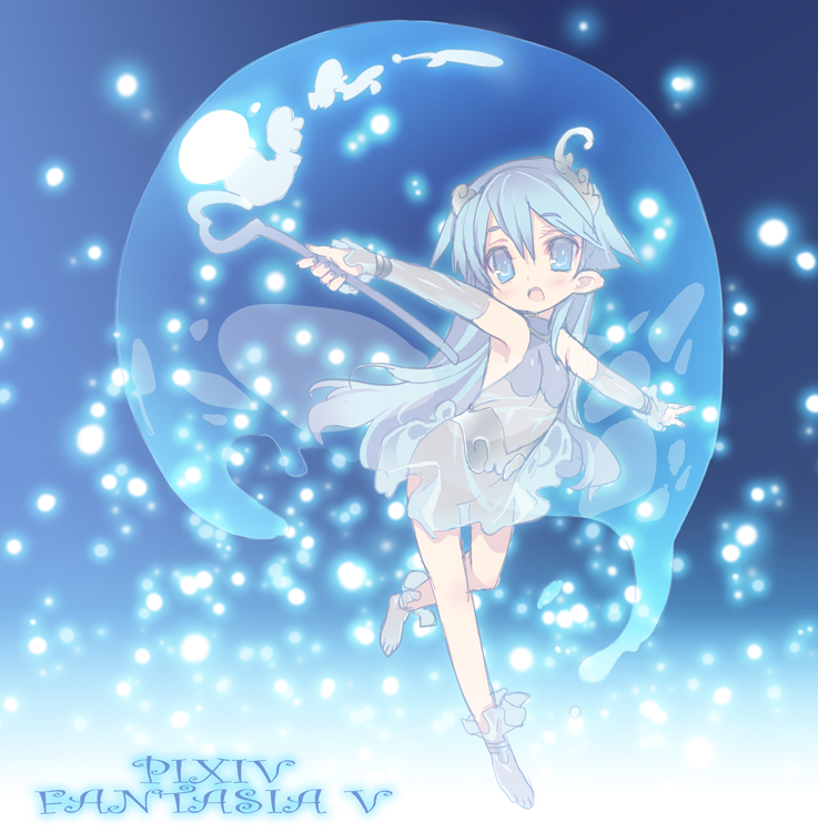 :o bad_id bad_pixiv_id barefoot blade_(galaxist) blue blue_eyes blue_hair elbow_gloves gloves long_hair magic open_mouth pixiv_fantasia pixiv_fantasia_5 pointy_ears see-through solo wand
