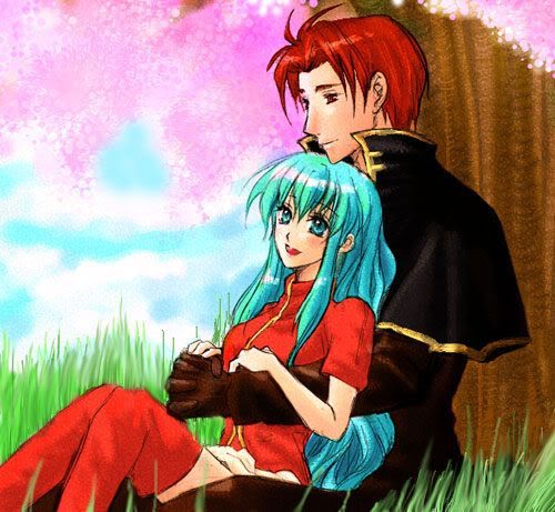 aqua_eyes aqua_hair blue_eyes blue_hair blush boots cherry_blossoms cherry_tree couple eirika fire_emblem fire_emblem:_seima_no_kouseki fire_emblem_sacred_stones from_behind gloves grass hands_clasped hands_together happy hug hug_from_behind knight long_hair love lowres open_mouth princess red_eyes red_hair seth short_hair sitting sitting_on_lap sitting_on_person skirt sky smile thigh_boots thighhighs tree
