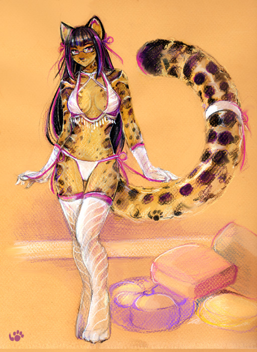 big_tail bra breasts cleavage cushion feline glasses leopard lingerie panties pose solo standing stockings tail thumbclawz underwear wide_hips