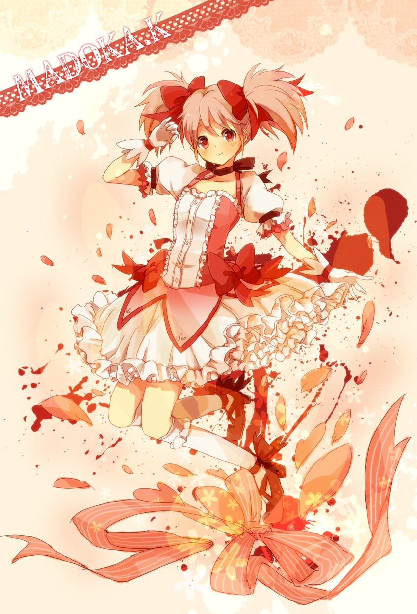 bad_id bad_pixiv_id blood blush bow bubble_skirt character_name choker dress full_body gloves hair_ribbon highres jewelry kaname_madoka kneehighs magical_girl mahou_shoujo_madoka_magica petals pink_hair puffy_sleeves red_choker red_eyes ribbon shoes short_hair short_twintails skirt smile solo twintails white_legwear yy888s