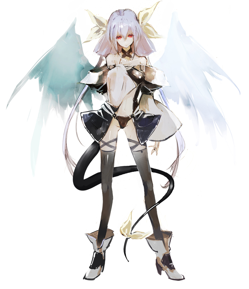 ankle_boots asymmetrical_wings banpai_akira bare_shoulders black_legwear boots bow collarbone dizzy full_body guilty_gear hair_bow hair_ribbon hand_on_own_chest high_heel_boots high_heels lavender_hair long_hair long_legs long_sleeves navel off_shoulder red_eyes ribbon simple_background solo tail tail_ribbon thighhighs twintails very_long_hair white_background wings