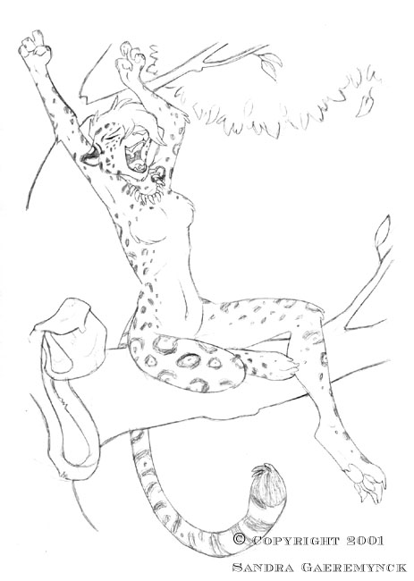 branch feline female jaguar nude open_mouth sandra_gaeremynck sketch solo stretch stretching tree yawn