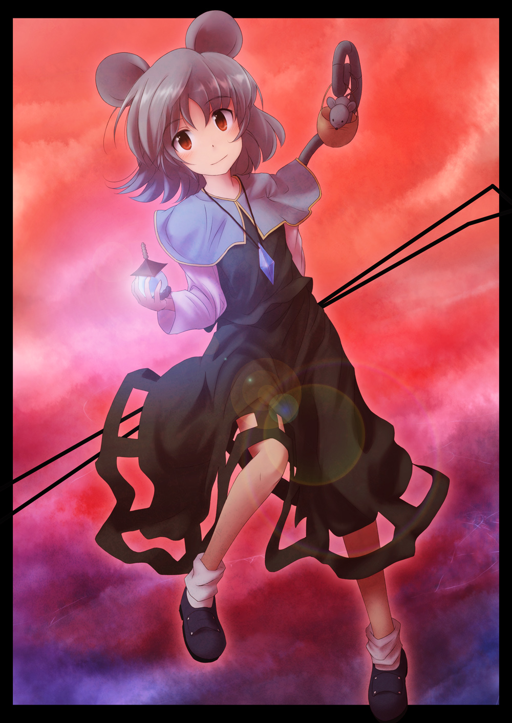 animal_ears bishamonten's_pagoda border capelet dowsing_rod grey_hair highres ikamagu jewelry lens_flare mouse mouse_ears mouse_tail nazrin pendant red_eyes red_sky short_hair sky solo tail touhou