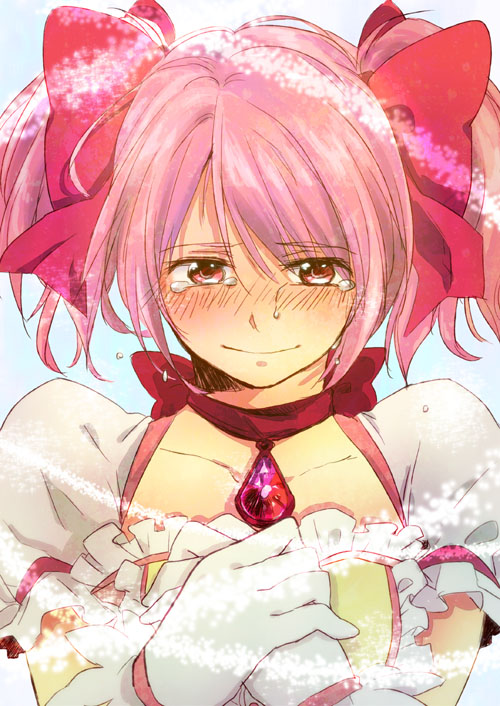 amulet bad_id bad_pixiv_id blush bow choker face gloves hair_bow hands_clasped hino_(gonta523) kaname_madoka magical_girl mahou_shoujo_madoka_magica own_hands_together pink_eyes pink_hair puffy_sleeves red_choker sad_smile short_twintails smile solo tears twintails