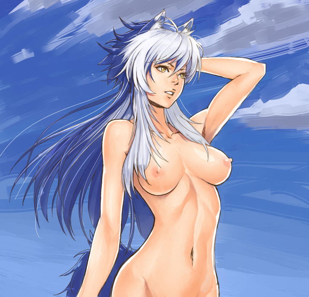 ahoge animal_ears arm_behind_head arm_up bangs blue_hair breasts breasts_apart cloud cowboy_shot day gallon genderswap genderswap_(mtf) grin groin hair_between_eyes humanization large_breasts long_hair looking_to_the_side multicolored_hair navel nipples nude ogami out-of-frame_censoring outdoors sidelocks sky smile solo tail two-tone_hair vampire_(game) very_long_hair white_hair wolf_ears wolf_tail yellow_eyes