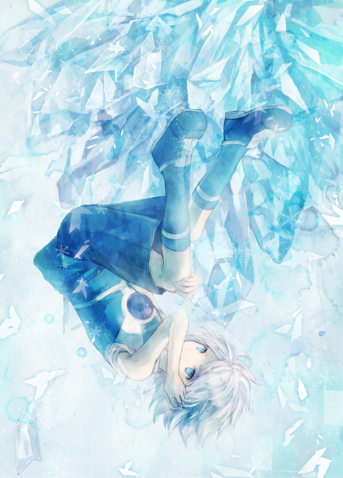 bad_id bad_pixiv_id blue_eyes ice icicle inazuma_eleven inazuma_eleven_(series) male_focus onineko soccer_uniform socks solo sportswear suzuno_fuusuke upside-down white_hair