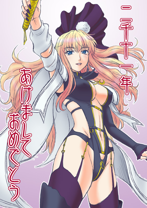 blonde_hair blue_eyes breasts cleavage legs long_hair macross macross_frontier medium_breasts misnon_the_great sheryl_nome solo thighhighs thighs