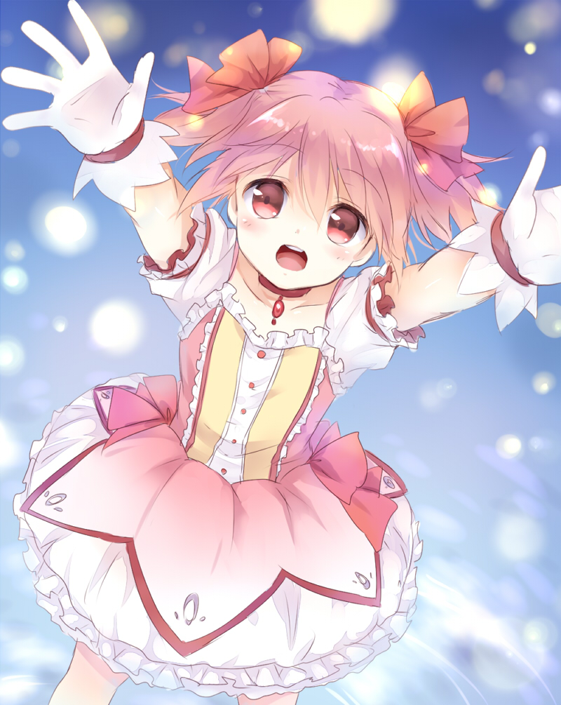 :o \o/ arms_up dress from_above gloves hair_ribbon kaname_madoka mahou_shoujo_madoka_magica maruki_(punchiki) outstretched_arms pink_eyes pink_hair ribbon short_twintails solo twintails