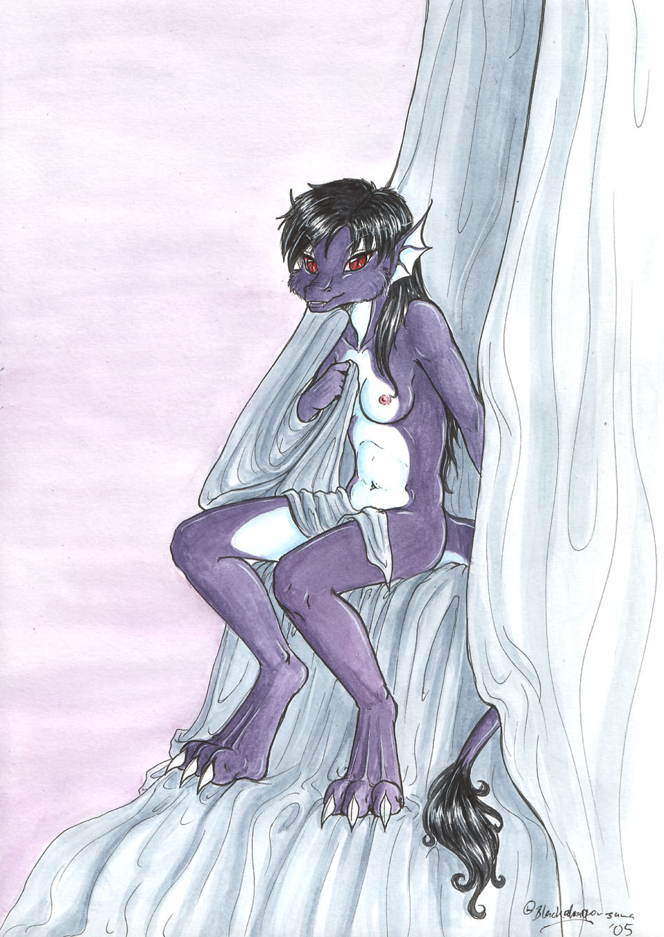 blackdragon_sama breasts dark_hair dragon female nude red_eyes scalie sitting solo tail_tuft