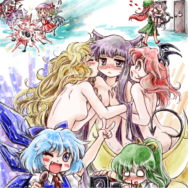 :&lt; :d arm_up ascot ass bat_wings beamed_sixteenth_notes blonde_hair blood blue_hair blush braid breasts camcorder camera carrying censored china_dress chinese_clothes cirno convenient_censoring covering_eyes crescent daiyousei demon_tail door dress explosion fang female_pervert flandre_scarlet green_hair hat head_wings heart hong_meiling izayoi_sakuya kemonomimi_mode kirisame_marisa kiss koakuma long_hair medium_breasts microphone multiple_girls musical_note nanashii_(soregasisan) nosebleed nude o_o one_eye_closed open_mouth patchouli_knowledge pervert purple_eyes purple_hair red_eyes red_hair remilia_scarlet short_hair side_ponytail sideboob silver_hair small_breasts smile tail touhou trembling twin_braids v wings yuri