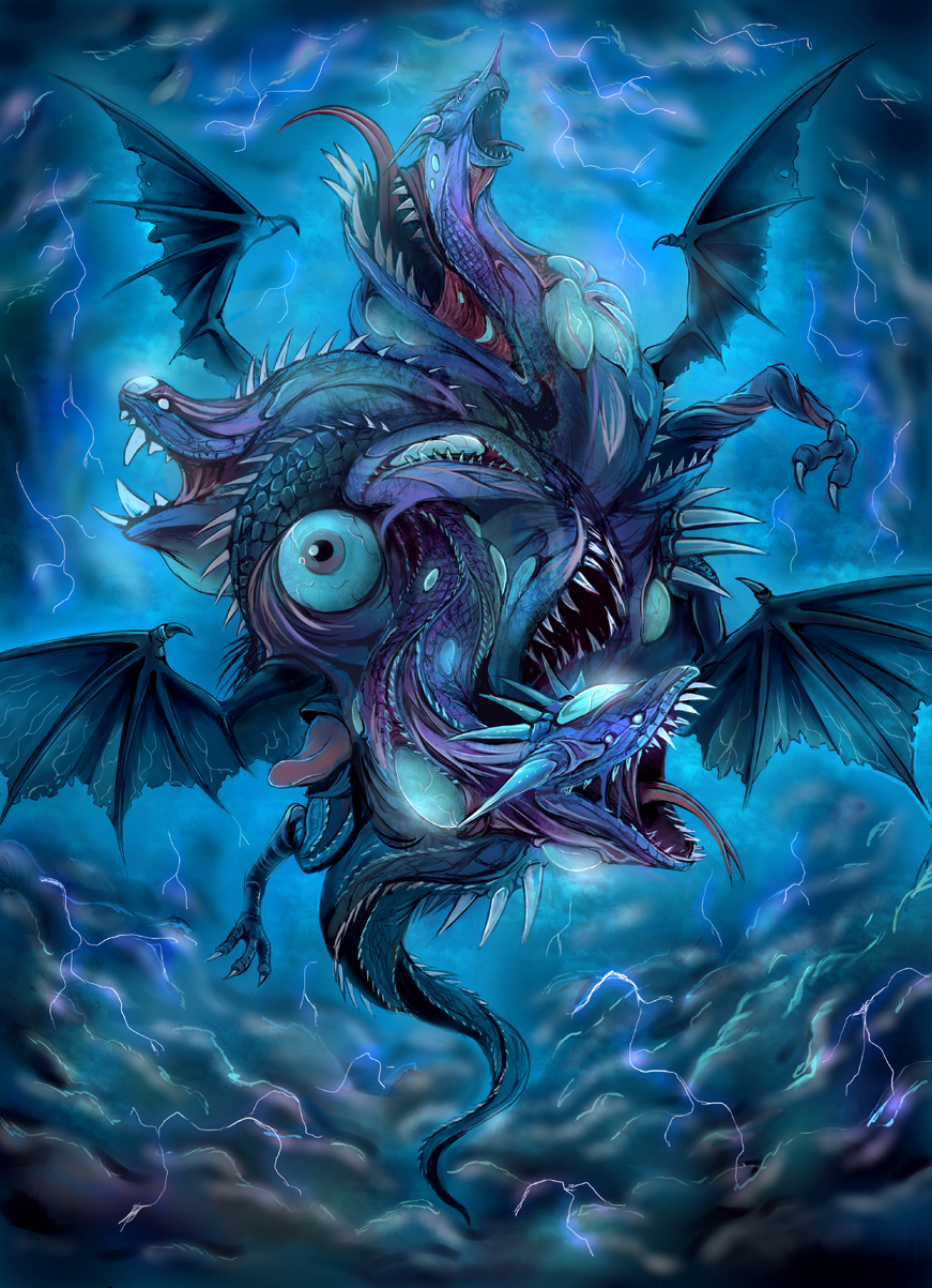 creature eyeball highres lightning monster no_humans pixiv_fantasia pixiv_fantasia_5 sai-go sky teeth wings