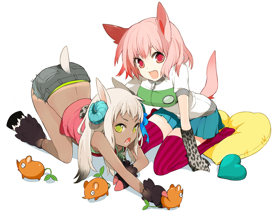 :d animal_ears bad_id bad_pixiv_id blue_skirt breasts colomon dark_skin fang goat_ears goat_girl goat_horns goat_tail green_eyes grey_hair heart heart_pillow hooves horns looking_at_viewer medium_breasts multiple_girls open_mouth original panties pillow pink_eyes pink_hair pink_legwear short_hair short_shorts shorts sitting skirt small_breasts smile striped striped_legwear tail tan tank_top tanline thighhighs top-down_bottom-up underwear vertical-striped_legwear vertical_stripes wariza